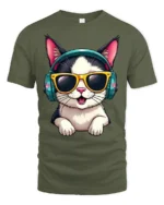Stylish Headphone Cat Graphic Tee Cute Music Cartoon Tshirt - military green t-shirt on white background