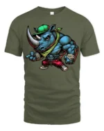 Strong Rhino Urban Style Graphic Tee Funny Cartoon Tshirt - military green t-shirt on white background