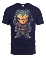 Fierce Alien Hunter Cartoon Graphic Tee Cool SciFi Tshirt - navy t-shirt on white background