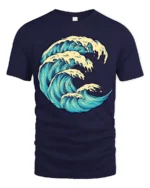 Ocean Wave Graphic Tee Artistic Sea Surf Style Tshirt - navy t-shirt on white background