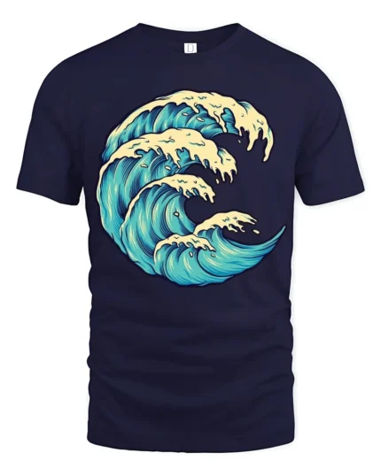 Ocean Wave Graphic Tee Artistic Sea Surf Style Tshirt - navy t-shirt on white background