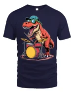 Funny Drummer Dinosaur Graphic Tee Cool Music Dino Tshirt - navy t-shirt on white background