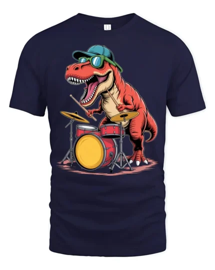 Funny Drummer Dinosaur Graphic Tee Cool Music Dino Tshirt - navy t-shirt on white background