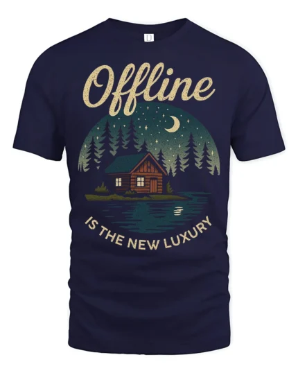 Offline Is The New Luxury Graphic Tee Nature Cabin Tshirt - navy t-shirt on white background