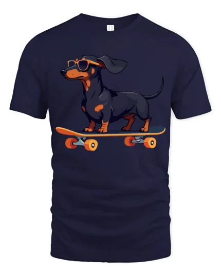 Cool Dachshund Skateboard Graphic Tee Funny Dog Tshirt - navy t-shirt on white background
