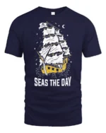 Seas The Day Pirate Ship Graphic Tee Funny Sailing Tshirt - navy t-shirt on white background
