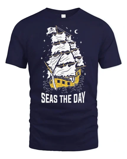 Seas The Day Pirate Ship Graphic Tee Funny Sailing Tshirt - navy t-shirt on white background