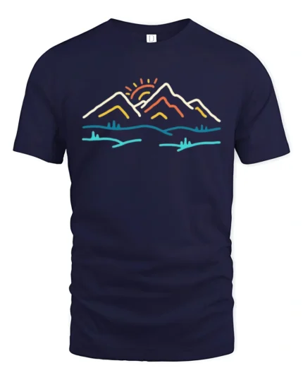 Minimal Mountain Sunrise Graphic Tee Modern Nature Tshirt - navy t-shirt on white background