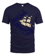 Cosmic Sailing Ship Graphic Tee Space Ocean Fantasy Tshirt - navy t-shirt on white background