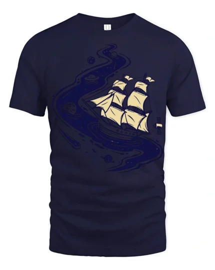 Cosmic Sailing Ship Graphic Tee Space Ocean Fantasy Tshirt - navy t-shirt on white background