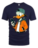 Trendy Phone Addict Duck Streetwear Graphic Tshirt Fun Style - navy t-shirt on white background