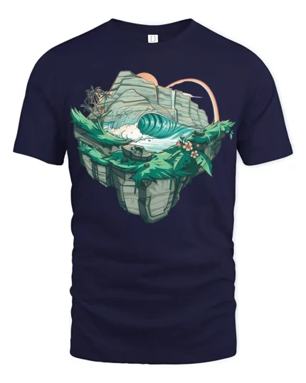 Tropical Wave Island Graphic Tee Artistic Ocean Nature Tshirt - navy t-shirt on white background
