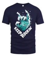 Keep Rocking Wave Graphic Tee Cool Ocean Music Tshirt - navy t-shirt on white background