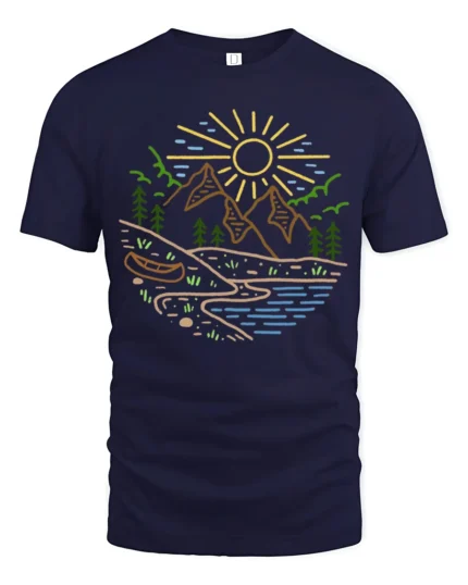 Minimal Nature Landscape Graphic Tee Mountain River Tshirt - navy t-shirt on white background
