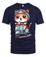 Kawaii Scooter Cat Graphic Tee Adorable Cartoon Tshirt Style - navy t-shirt on white background