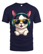 Stylish Headphone Cat Graphic Tee Cute Music Cartoon Tshirt - navy t-shirt on white background