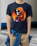 Cute Grim Reaper Hoodie Graphic Tee Funny Skeleton Tshirt - model wearing navy tee with hands in pockets