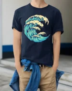 Ocean Wave Graphic Tee Artistic Sea Surf Style Tshirt - model wearing navy tee with hands in pockets