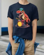 Funny Drummer Dinosaur Graphic Tee Cool Music Dino Tshirt - model wearing navy tee with hands in pockets