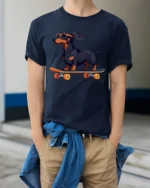 Cool Dachshund Skateboard Graphic Tee Funny Dog Tshirt - model wearing navy tee with hands in pockets