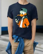 Trendy Phone Addict Duck Streetwear Graphic Tshirt Fun Style - model wearing navy tee with hands in pockets