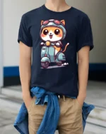 Kawaii Scooter Cat Graphic Tee Adorable Cartoon Tshirt Style - model wearing navy tee with hands in pockets