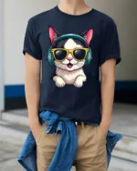 Stylish Headphone Cat Graphic Tee Cute Music Cartoon Tshirt - model wearing navy tee with hands in pockets