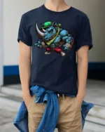 Strong Rhino Urban Style Graphic Tee Funny Cartoon Tshirt - model wearing navy tee with hands in pockets