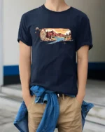 Scenic Nature Log Landscape Graphic Tee Adventure Art Tshirt - model wearing navy tee with hands in pockets