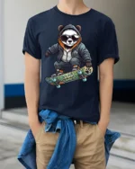 Urban Panda Skater Graphic Tee Trendy Streetwear Tshirt - model wearing navy tee with hands in pockets