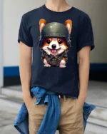 Adorable Army Puppy Graphic Tee Cool Tactical Style Tshirt - model wearing navy tee with hands in pockets
