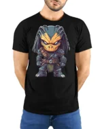Fierce Alien Hunter Cartoon Graphic Tee Cool SciFi Tshirt - model wearing black tee with hands behind back