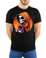 Cute Grim Reaper Hoodie Graphic Tee Funny Skeleton Tshirt - model wearing black tee with hands behind back