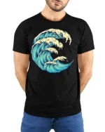 Ocean Wave Graphic Tee Artistic Sea Surf Style Tshirt - model wearing black tee with hands behind back
