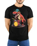 Funny Drummer Dinosaur Graphic Tee Cool Music Dino Tshirt - model wearing black tee with hands behind back