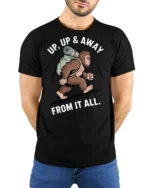 Funny Bigfoot Hiking Graphic Tee Up Up And Away Tshirt - model wearing black tee with hands behind back