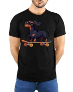 Cool Dachshund Skateboard Graphic Tee Funny Dog Tshirt - model wearing black tee with hands behind back