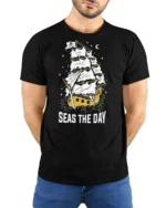 Seas The Day Pirate Ship Graphic Tee Funny Sailing Tshirt - model wearing black tee with hands behind back