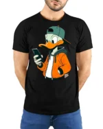 Trendy Phone Addict Duck Streetwear Graphic Tshirt Fun Style - model wearing black tee with hands behind back