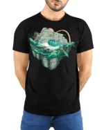 Tropical Wave Island Graphic Tee Artistic Ocean Nature Tshirt - model wearing black tee with hands behind back