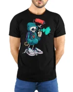 Street Artist Skeleton Graphic Tee Urban Graffiti Style Tshirt - model wearing black tee with hands behind back