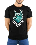 Keep Rocking Wave Graphic Tee Cool Ocean Music Tshirt - model wearing black tee with hands behind back