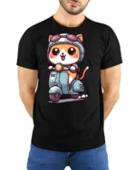 Kawaii Scooter Cat Graphic Tee Adorable Cartoon Tshirt Style - model wearing black tee with hands behind back