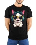 Stylish Headphone Cat Graphic Tee Cute Music Cartoon Tshirt - model wearing black tee with hands behind back