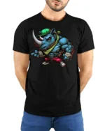 Strong Rhino Urban Style Graphic Tee Funny Cartoon Tshirt - model wearing black tee with hands behind back