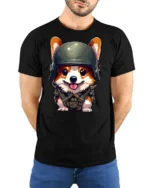 Adorable Army Puppy Graphic Tee Cool Tactical Style Tshirt - model wearing black tee with hands behind back