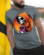 Cute Grim Reaper Hoodie Graphic Tee Funny Skeleton Tshirt - model wearing grey tee, leaning on column