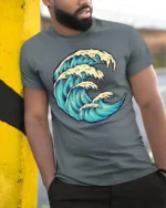 Ocean Wave Graphic Tee Artistic Sea Surf Style Tshirt - model wearing grey tee, leaning on column