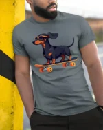 Cool Dachshund Skateboard Graphic Tee Funny Dog Tshirt - model wearing grey tee, leaning on column