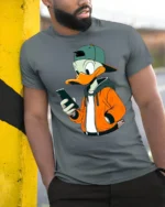 Trendy Phone Addict Duck Streetwear Graphic Tshirt Fun Style - model wearing grey tee, leaning on column